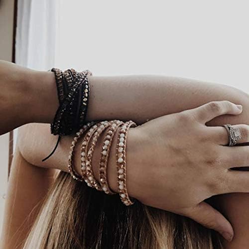 KELITCH Pearl Crystal Beads Bracelets Handmade Natural Leather 5 Wrap Bracelet for Women Classic Bangle Jewelry