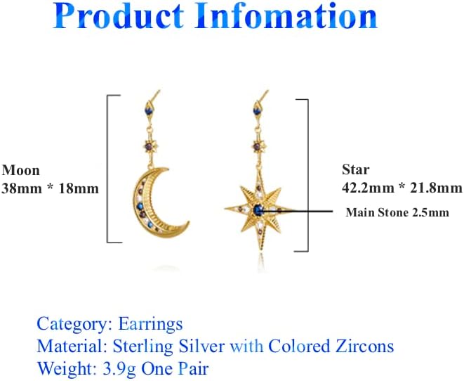 925 Sterling Silver Asymmetric Stud Earrings Colorful Zircon Star Moon Drop Earrings