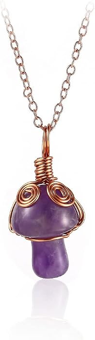 Fuqimanman2020 Natural Mushroom Pendant Necklace Wire Wrapped Crystal Purple Stone Quartz Gemstone Energy Healing for Women Reiki Jewelry
