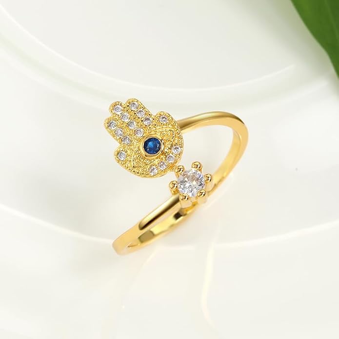 Hamsa Hand Evil Eye Ring for Women, Evil Eye Hamsa Hand of Fatima Ring Blue Cubic Zirconia Inspirational Turkish Eye Ring Hamsa Hand Jewelry Set Gifts Valentine Day Chrismtas Gifts