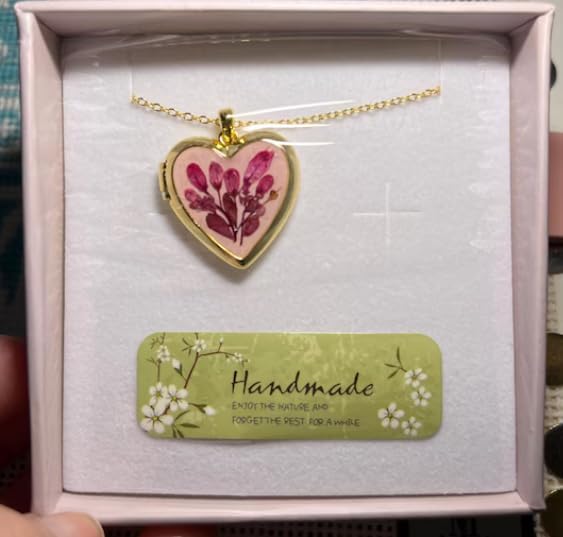 Handmade Dried Pressed Flower Heart Shaped Photo Locket Pendant Necklace