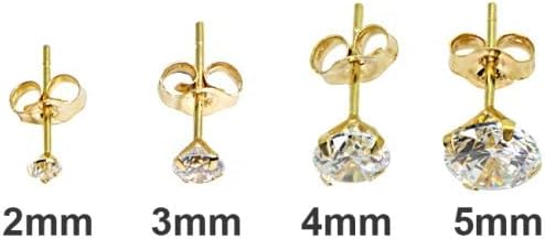 14K Gold Earrings, Round Cubic Zirconia Tiny Small Pierced Long Posts Stud Cartilage CZ Earrings for Women Men, 2mm, 3mm, 4mm, 5mm