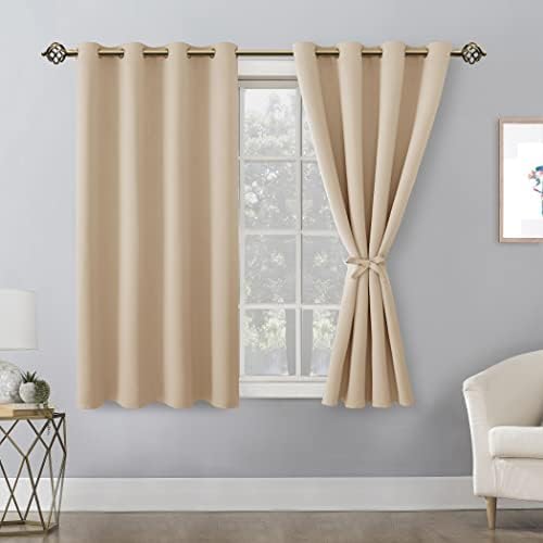 Hiasan Blackout Curtains for Bedroom, 52 x 54 Inches Long - Thermal Insulated & Energy Saving Window Curtains for Living Room, 2 Drape Panels Sewn with Tiebacks, Beige