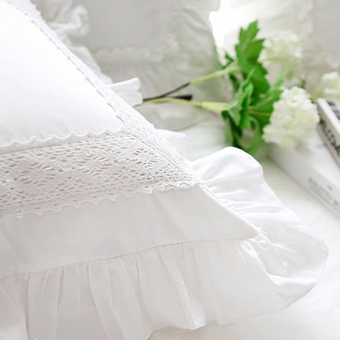 12x20 Pillow Covers, White Lace Square Cushion Cover 100% Cotton Throw Pillow Cover Pillowcase Set of 2, Decorative Cushion case,Handmade Pillowcase with Ruffles