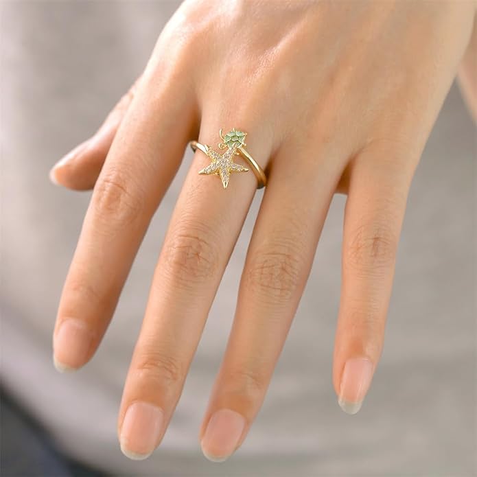Dainty CZ Starfish Sea Turtle Open Adjustable Fidget Rings for Women Cute Crystal Sea Star Anxiety Spinner Statement Finger Band Rotating Animal Ring Comfort Fit Fashion Jewelry