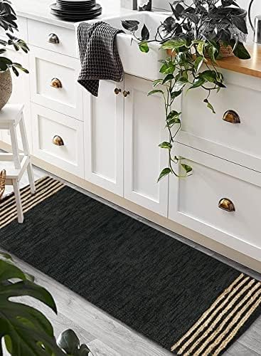 GRUHUM Jute Runner Rugs 2'6"x14' ft Natural Fiber Leather Black Jute Area Rug Handwoven Boho Farmhouse Braided Rustic Vintage Ecofriendly Indoor Rugs for Kitchen Living Room Bedroom Hallways Entryways