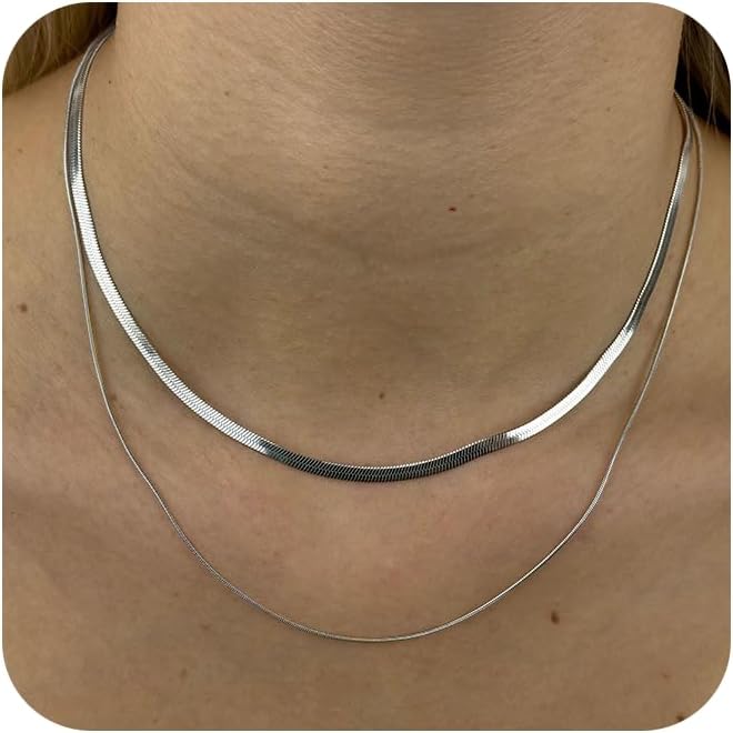 Tewiky Layered Necklaces for Women Non Tarnish- Chunky 14k Gold Plated Herringbone/Snake/Rope/Box/Cuban Link Chain for Women Waterproof Layering Stack Choker Necklace Trendy Dainty Tarnish Free Jewelry Set