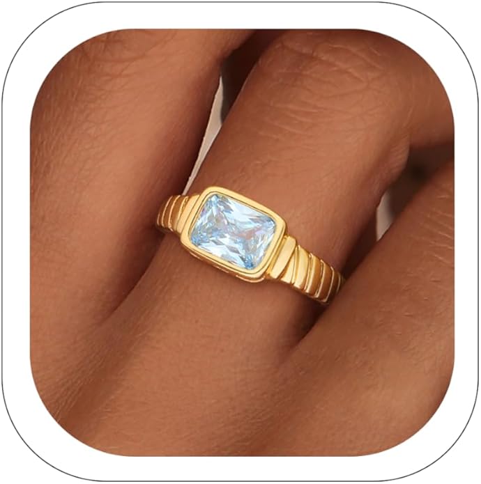 ZHESHY Birthstone Gold Rings for Women Non Tarnish Vintage Gemstone Emerald Rings 14K Gold Plated CZ Signet Thumb Band Rings Jewelry Gift for Birthday Size 6-10