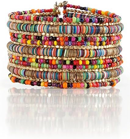 SPUNKYsoul Boho Colorful Multi-Layer Heishi and Gold Bead Wrap Bracelet – Vibrant Stacked Stretch Bangle Style for Everyday, Festival, or Vacation Wear (Fits Most)