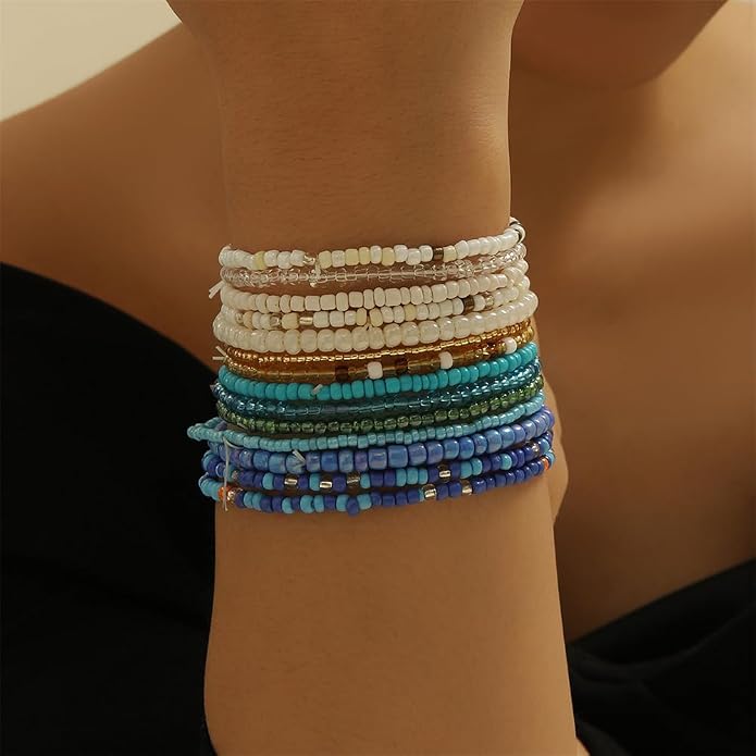 Fuqimanman2020 18Pcs Boho Stackable Beaded Bracelets for Women Colorful Handmade Multilayered Rice Beads Anklets Set Summer Beach Bohemian Jewelry Gift