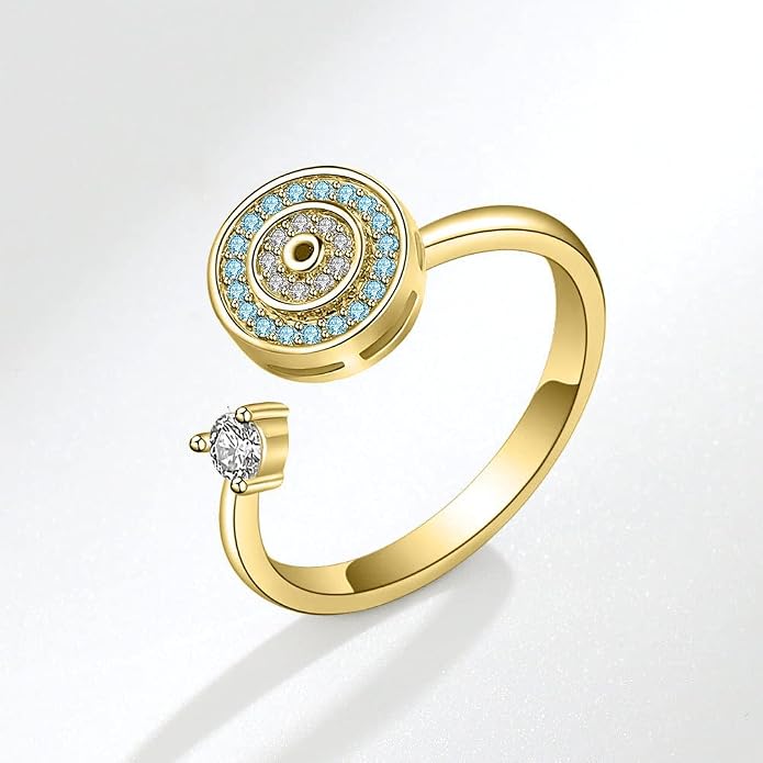 Cubic Zirconia Blue Turkish Evil Eye Remote Fidget Spinner Anxiety Rings | Rotatable fidget design provides discreet stress relief and helps improve daily focus and calmness at work.