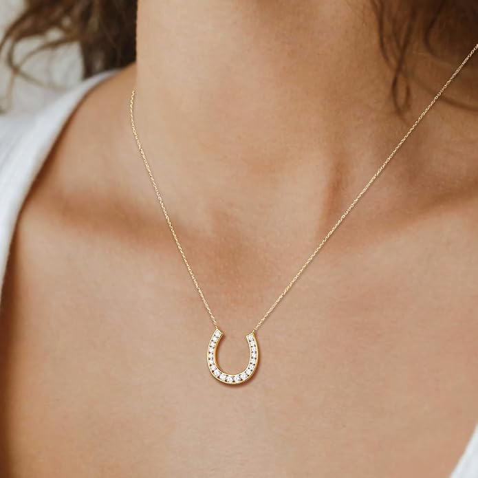 Luck Horseshoe Necklace 14K Gold Plated/Sterling Silver Created Gemstone Pendant with Chain Channel Set U Shaped Charm Necklace Birthstone Jewelry