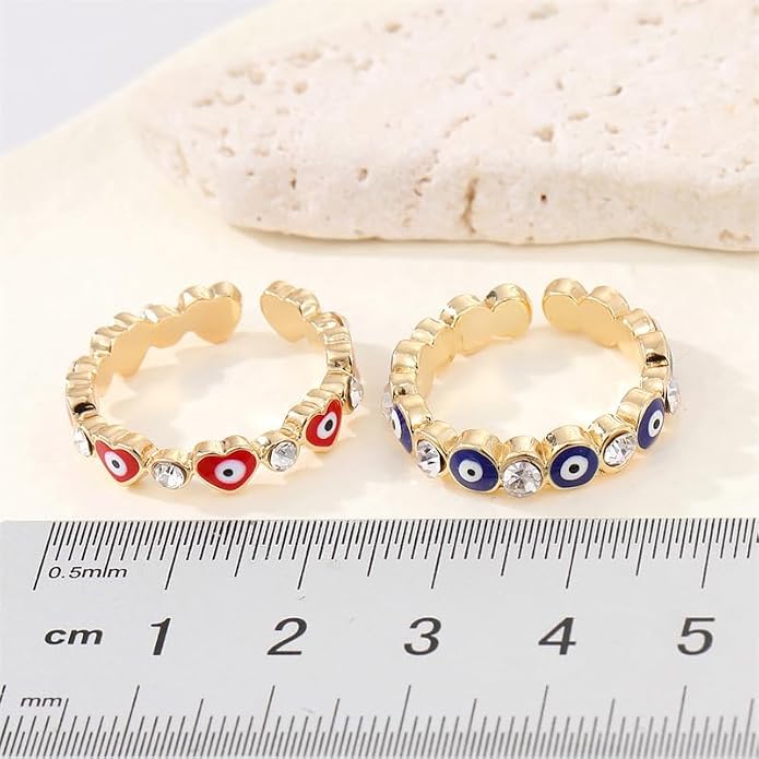DATOA 2 Pcs Evil Eye Ring Protective Band CZ Rings Love Heart Lucky Dainty Evil Eye Jewelry Gifts For Women