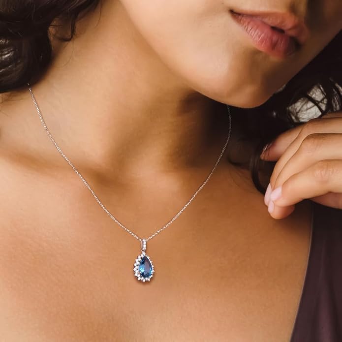925 Sterling Silver Teardrop Necklace for Women Huge Created Gemstone Solitaire Halo Pendant Pear Cut Birthstone Necklace