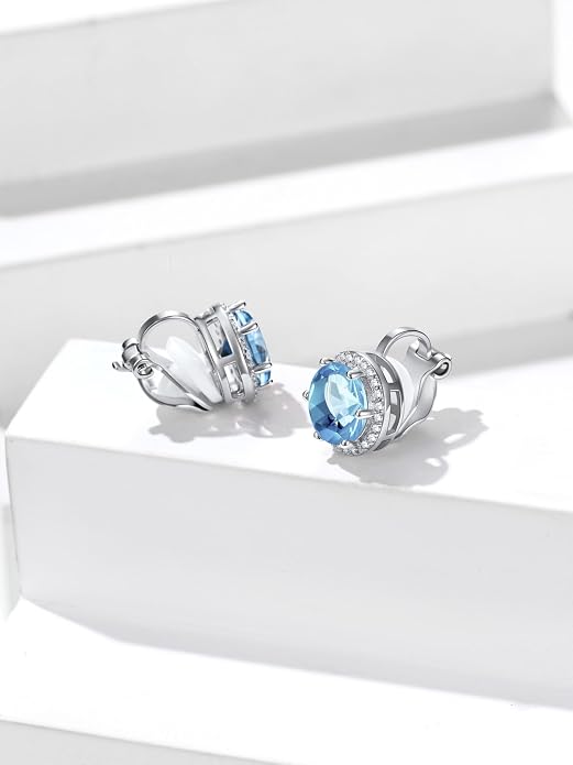 Silvora 925 Silver 8MM Cubic Zirconia Birthstone Clip On Stud Earrings Round Non Pierced Earrings For Women,Come with Box