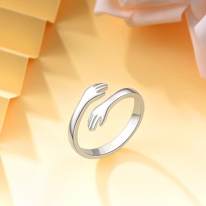 S925 Sterling Silver Hug Rings for Women Teen Girls Adjustable Ring for Granddaughter Daughter Hope Promise Friendship Hand Ring Jewelry for Birthday Graduation Christmas Mothers Day Valentines Gifts