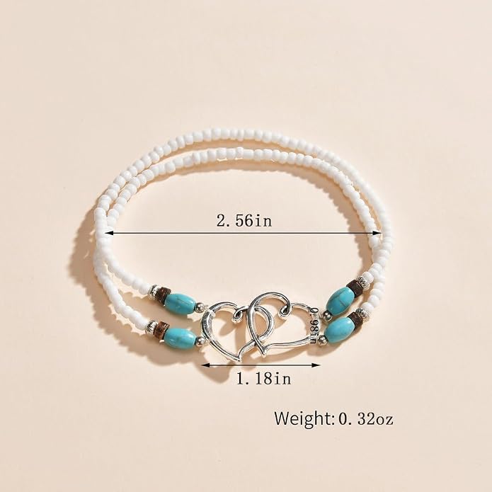 Elastic Beaded Ankle Bracelets for Women Double Heart Layered Stretch Ankle Bracelets Waterproof Dainty Boho Beaded Anklets for Summer Beach Foot Jewelry