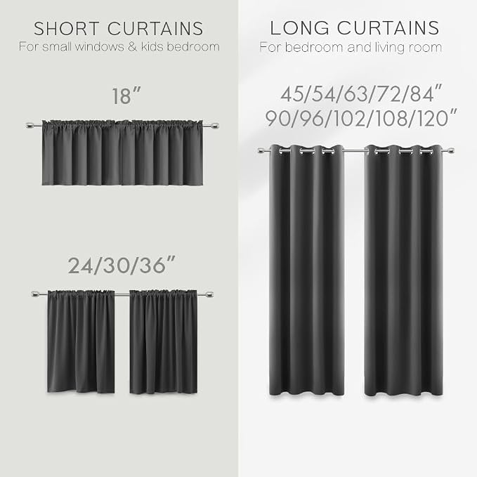 KOUFALL 48 Inch Long Black Out Curtains, Blackout Short Window Curtains 48 Inch Length for Bedroom Bathroom 2 Panels Set, Dark Grey