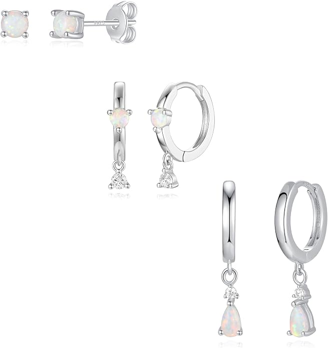 Angelady Opal Earrings Set for Women, Hypoallergenic S925 Sun Stud Earring for Sensitive Ears, Dainty Hoop Huggie Silver Opal Dangle Earring Stacks, Blue Earrings for Women Trendy 2025