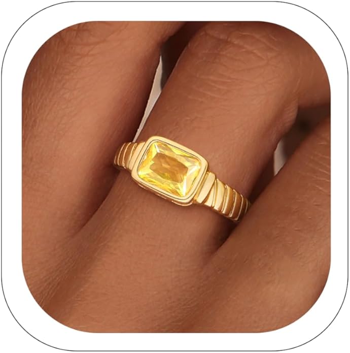ZHESHY Birthstone Gold Rings for Women Non Tarnish Vintage Gemstone Emerald Rings 14K Gold Plated CZ Signet Thumb Band Rings Jewelry Gift for Birthday Size 6-10