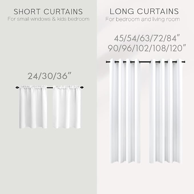 KOUFALL 48 Inch Curtains for Bathroom, Room Darkening Blackout Short Window Curtain 48 inches Long for Bedroom Kitchen, White