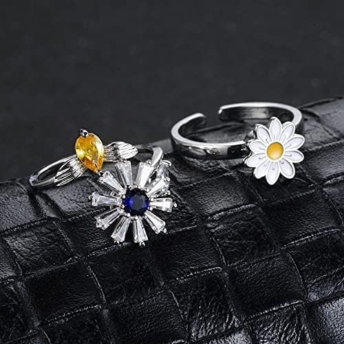 COLORFUL BLING Fidget Sunflower Evil Eye Daisy Spinner Stackable Rings Bee Butterfly Adjustable Open Rotatable CZ Cubic Zirconia Anti Stress for Women Wedding Jewelry