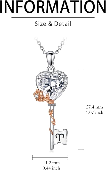 OCJ Zodiac Necklace for Women 925 Sterling Silver Rose Flower Key Pendant Necklaces Zodiac Birthstone Jewelry Wife Birthday Anniversary Christmas Gifts for Her