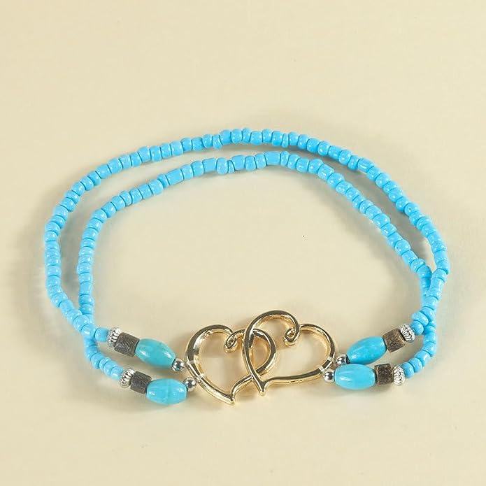 Elastic Beaded Ankle Bracelets for Women Double Heart Layered Stretch Ankle Bracelets Waterproof Dainty Boho Beaded Anklets for Summer Beach Foot Jewelry