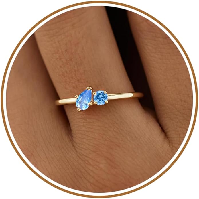 JSJOY Birthstone Rings for Women Dainty Emerald Blue Ring Birthday Gifts for Mom Her Gemstones CZ Ring for Teens Gold Rings That Don't Tarnish Adjustable Ring Jewelry Gifts
