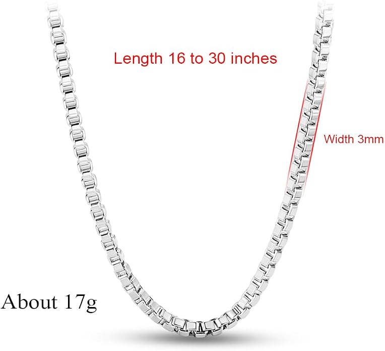 Solid 925 Sterling Silver 3mm Italian Square Box Chain Necklace with Lobster Clasp for Men & Women, 16" to 30" Length