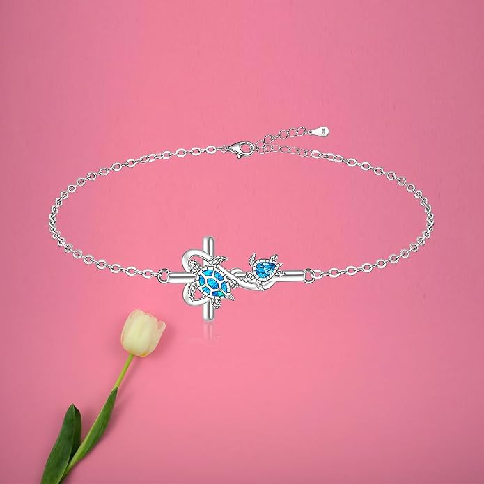 Fenthring Turtle Anklet S925 Sterling Silver Blue Opal Sea Turtle Ankle Bracelets for Women Infinity Wave Ocean Beach Summer Foot Bracelet Jewelry Layered Adjustable