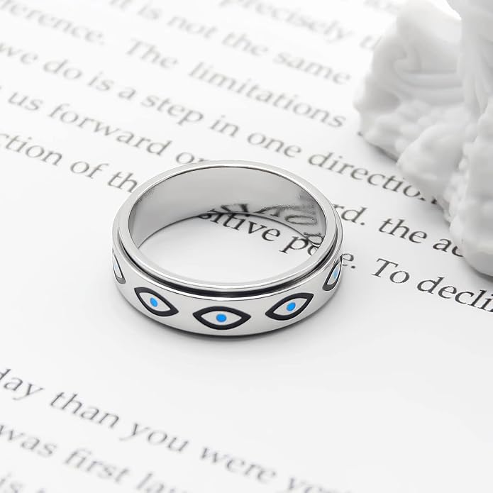 OreilleStar Anxiety Ring for Women Spinner Ring Titanium Stainless Steel Fidget Ring Men 6mm Width With Dog Paw Kitty Cat Face Evil Eye Pattern Spinning Outer Band Size 6 7 8 9 10