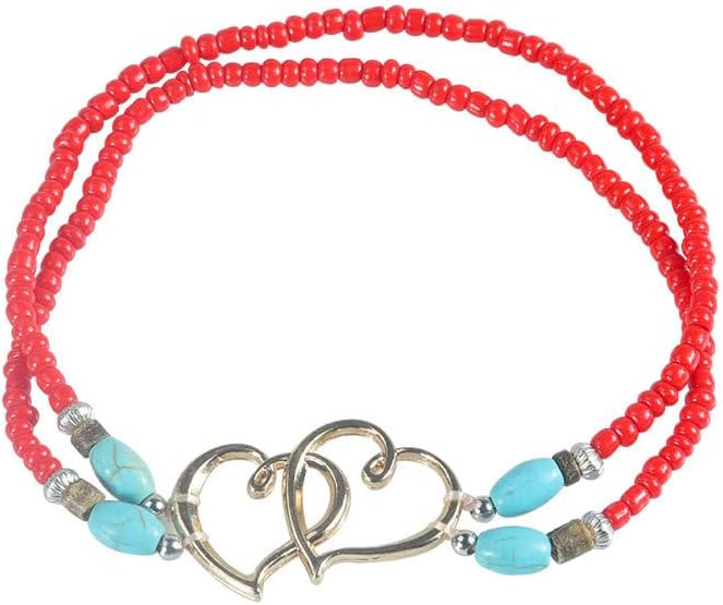 Elastic Beaded Ankle Bracelets for Women Double Heart Layered Stretch Ankle Bracelets Waterproof Dainty Boho Beaded Anklets for Summer Beach Foot Jewelry