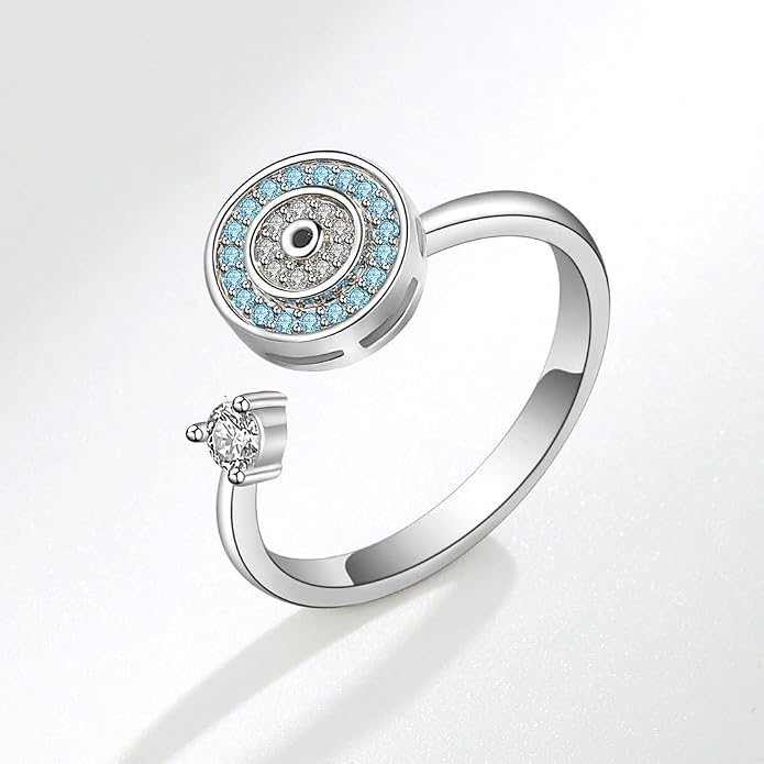 Cubic Zirconia Blue Turkish Evil Eye Remote Fidget Spinner Anxiety Rings | Rotatable fidget design provides discreet stress relief and helps improve daily focus and calmness at work.