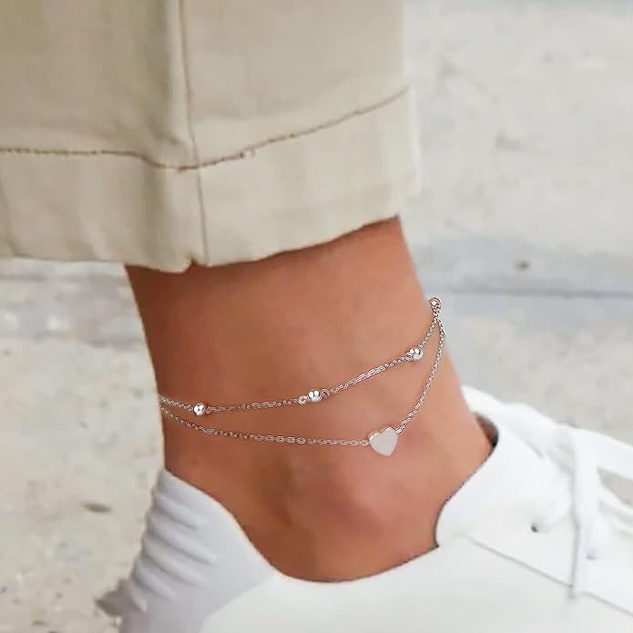 Flyow Anklet for Women S925 Sterling Silver Adjustable Foot Beaded Heart Charm Ankle Bracelet Anklets Jewelry