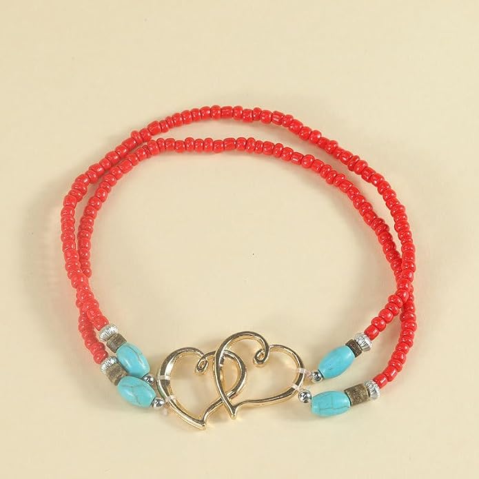 Elastic Beaded Ankle Bracelets for Women Double Heart Layered Stretch Ankle Bracelets Waterproof Dainty Boho Beaded Anklets for Summer Beach Foot Jewelry