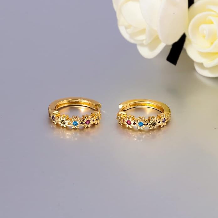 CiNily Small Hoop Earrings for Women Girls Flower Cubic Zirconia Huggie Earrings Hypoallergenic 14K Yellow Gold Plated Cartilage Earrings