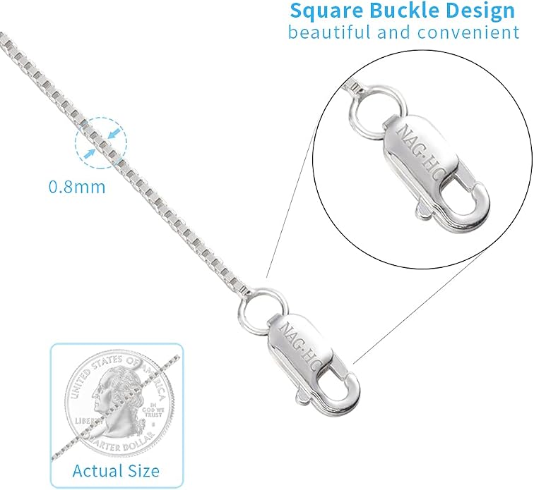 NAG.HC 925 Sterling Silver Chain 0.8MM Delicate Box Chain - Italian Necklace Chain - Tiny&Thin&Strong -Friendly Price & Quality 14"-30"