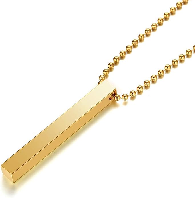 Xianofu Personalized Vertical Name Bar Necklace Fathers Day, Custom Message Engraved 4 Sided Bar Necklace Charm Stainless Steel Pendant for Men, Women