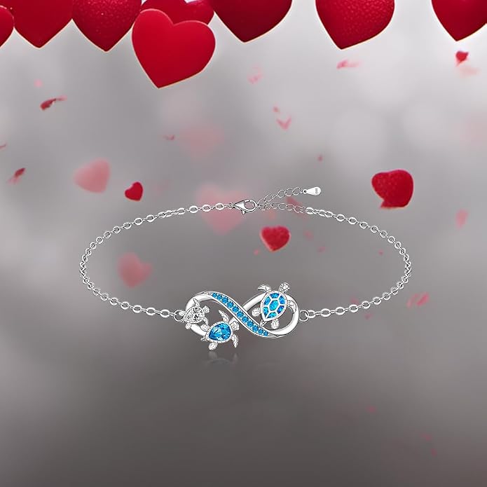 Fenthring Turtle Anklet S925 Sterling Silver Blue Opal Sea Turtle Ankle Bracelets for Women Infinity Wave Ocean Beach Summer Foot Bracelet Jewelry Layered Adjustable