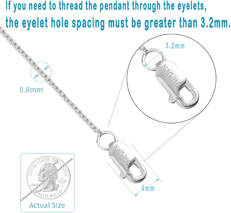NAG.HC 925 Sterling Silver Chain 0.8MM Delicate Box Chain - Italian Necklace Chain - Tiny&Thin&Strong -Friendly Price & Quality 14"-30"