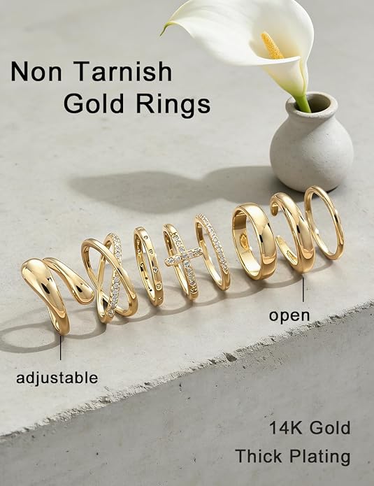 iF YOU Non Tarnish Chunky Gold Rings for Women, 14K Gold Plated Dainty Stackable Cross Cubic Zirconia Ring Set, Knuckle Stacking Pinky Thumb Ring Statement Wedding Bands Jewelry Size 4.5-10