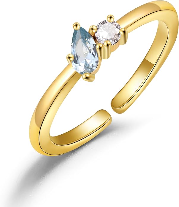 JSJOY Birthstone Rings for Women Dainty Emerald Blue Ring Birthday Gifts for Mom Her Gemstones CZ Ring for Teens Gold Rings That Don't Tarnish Adjustable Ring Jewelry Gifts