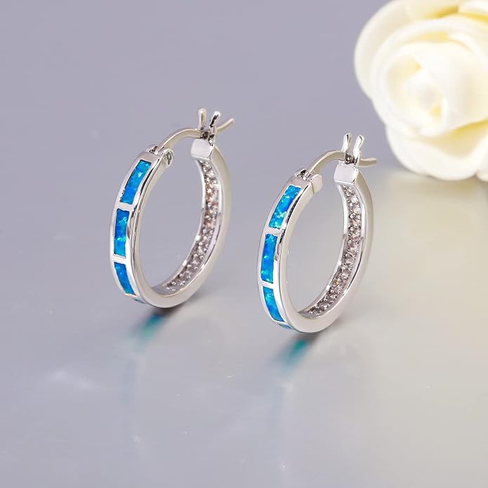 CiNily Sterling Silver/Rose Gold/Yellow Gold Plated Hoop Earrings 20mm,Multicolor Opal Small Hoop Earrings for Women Girls Hypoallergenic Jewelry for Sensitive Ears Gemstone Earrings