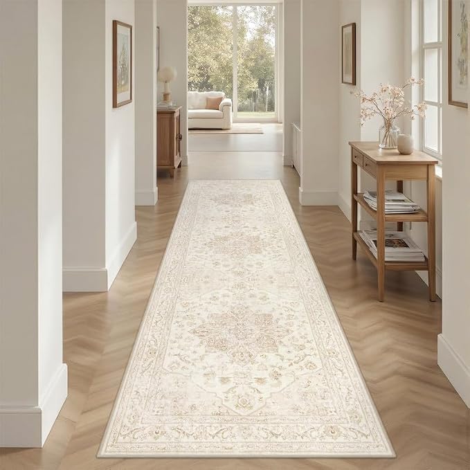 2'6''x8' Hallway Washable Runner Rug: Vintage Boho Neutral Kitchen Rug Soft Small Area Rug Indoor Floor Non-Slip Low Pile Carpet for Farmhouse Entryway Laundry Bathroom Bedroom Beside Rugs Beige White