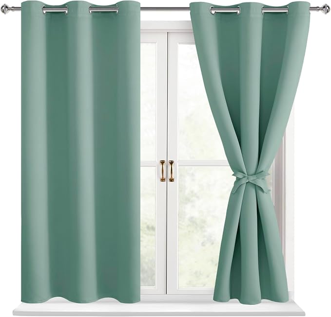 Hiasan Blackout Curtains for Bedroom - Thermal Insulated & Energy Saving Window Curtains for Living Room, 2 Drape Panels Sewn with Tiebacks, Sage Green, 42 x 54 Inch