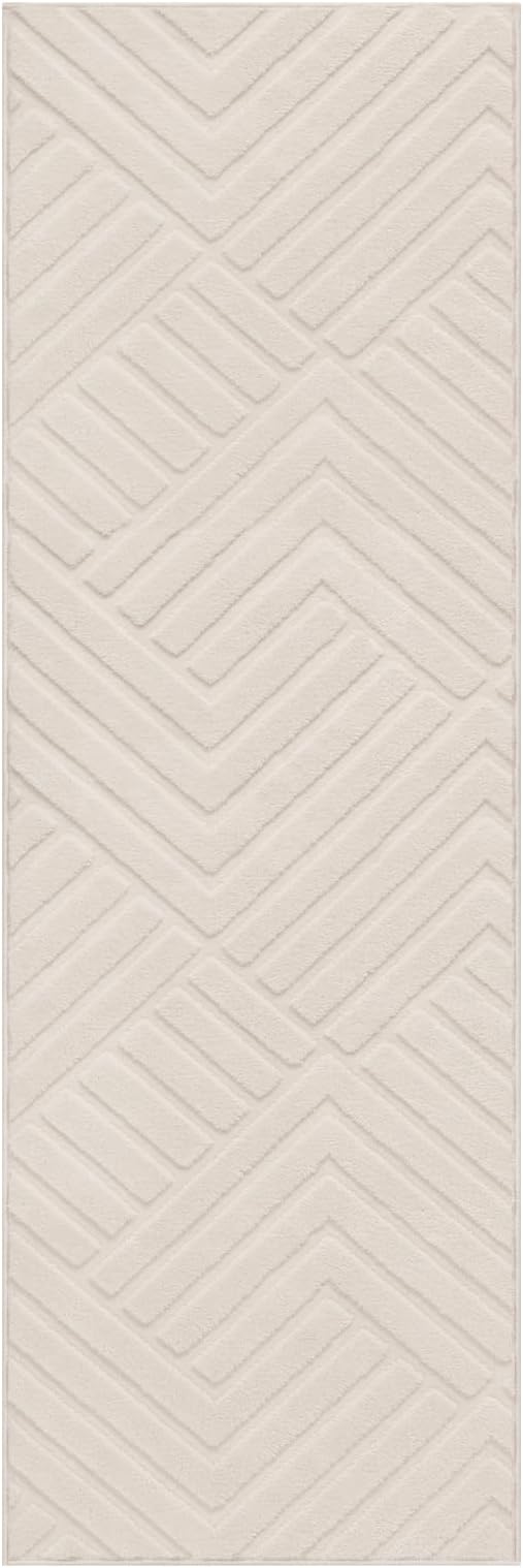 Bsmathom 2x6 Washable Area Rug, Boho Neutral Modern Soft Carpet Mat, Beige | Machine Washable, Low Pile Fluffy Plush, Non-slip, Geometric Textured, For Living Dining Kids Room Bedroom Indoor Dorm