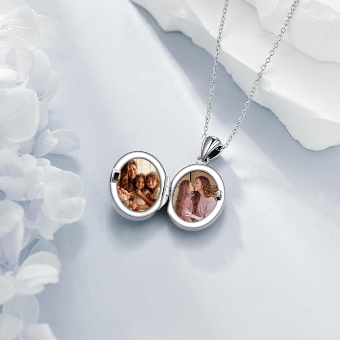 CRMAD Opal/Moonstone/Turquoise Locket Necklace for Women Sterling Silver Oval-Shaped Opal Locket Pendant Holds Pictures Always with You Vintage Style Photos Locket Jewelry Gifts for Loved One