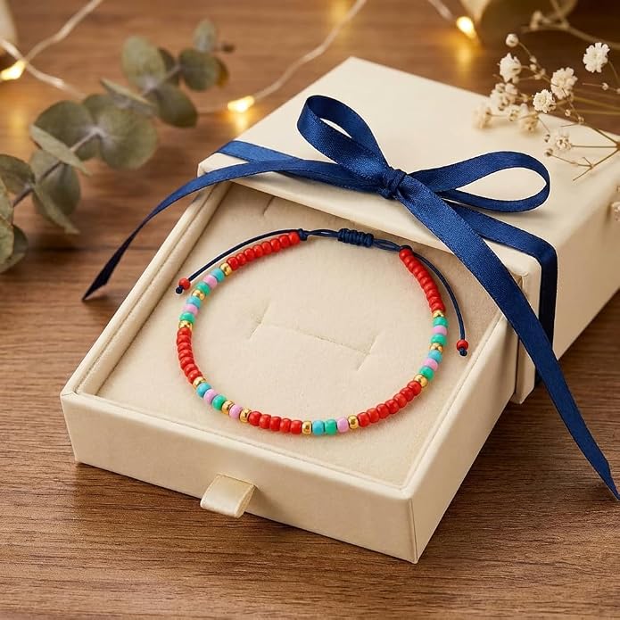 Anklets for Women, Handmade Colorful Beaded Adjustable Gemstone Anklet, Colorful Small Beads Hippie Foot Jewelry, Ankle Bracelet, Boho Style Waterproof, Gift Set with Box & Ribbon