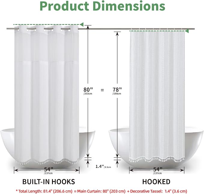 eachope No Hook Long Shower Curtain Set with Snap-in Fabric Liner,Linen Ultra Thick Fabric with Tassels,Boho Chic Modern Farmhouse Country Neutral Cloth Shower Curtains for Bathroom,White,71x80